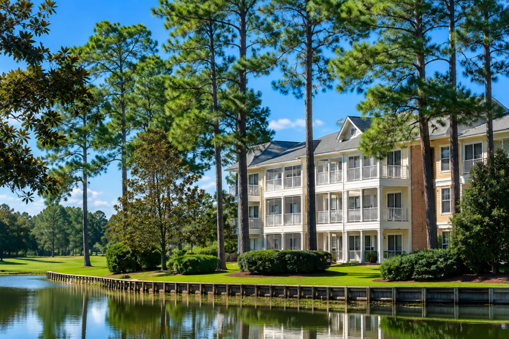 Lakeside condos framed by tall pine trees